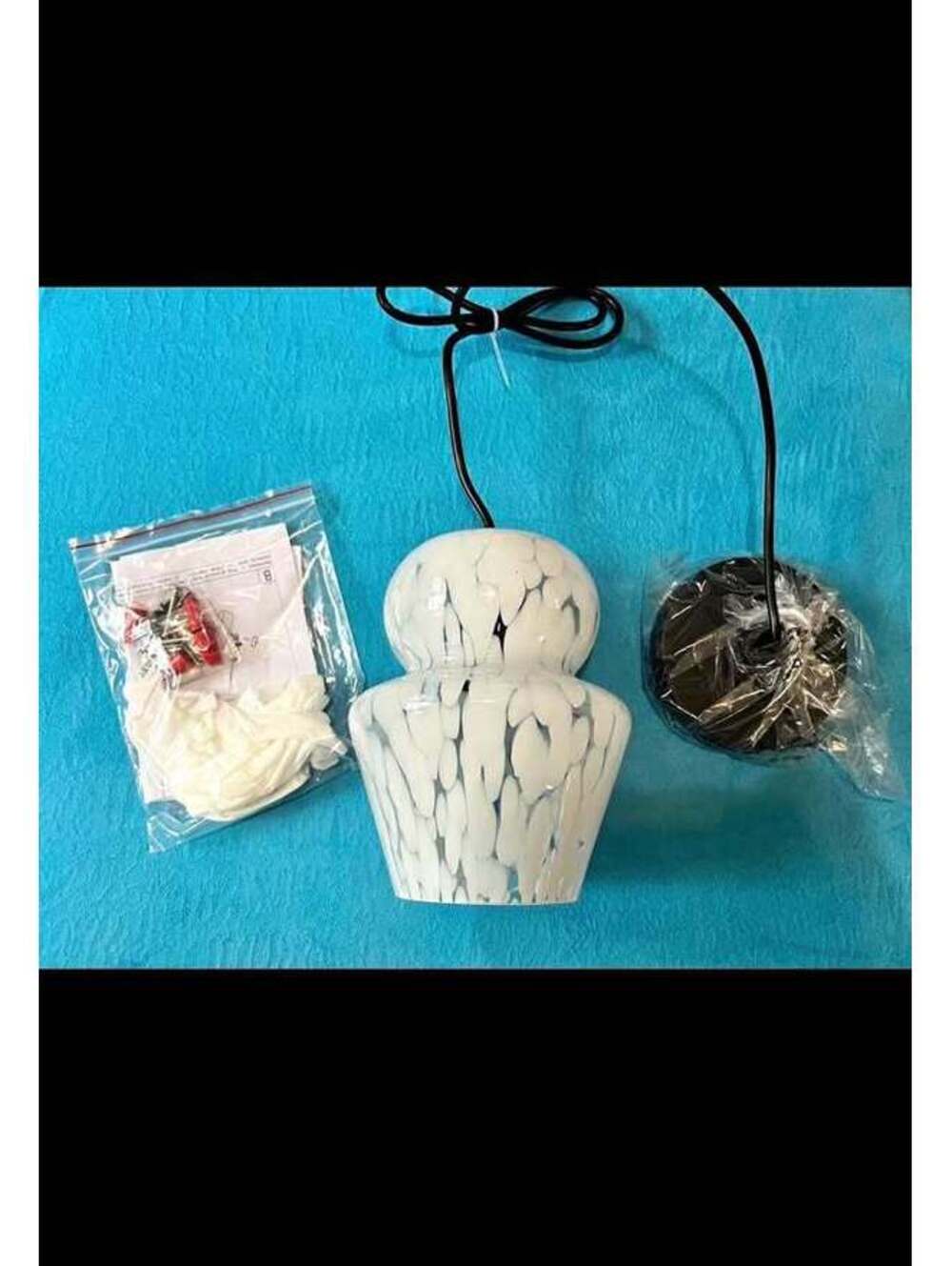 Industrial Pendant Light, White Swirl Design Glass Shade - New in Box